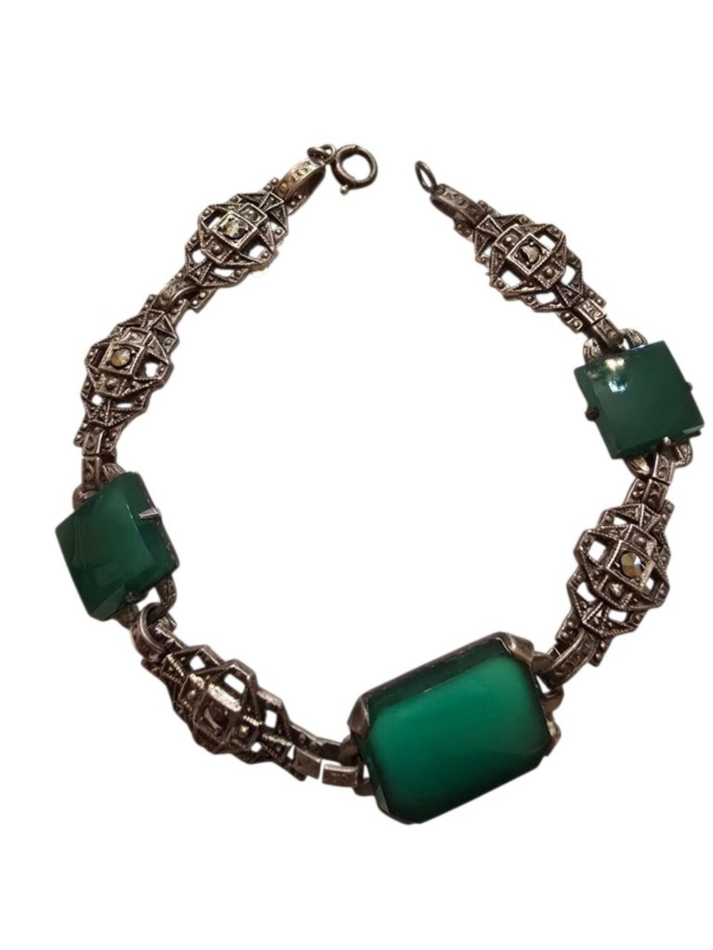 Antique Sterling Marcasite Chrysoprase Bracelet (A9737)